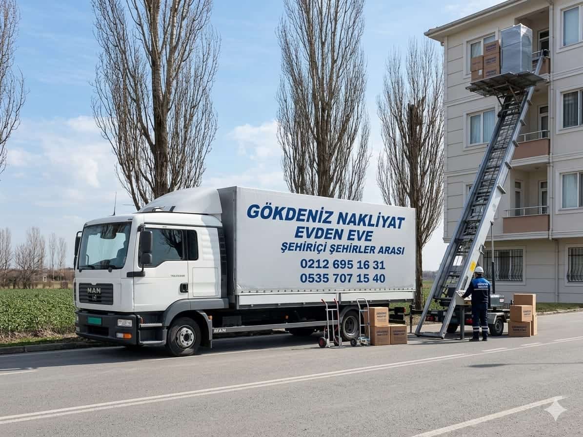 Gökdeniz Nakliyat beyaz evden eve nakliyat aracı ve asansörlü eşya taşıma lifti